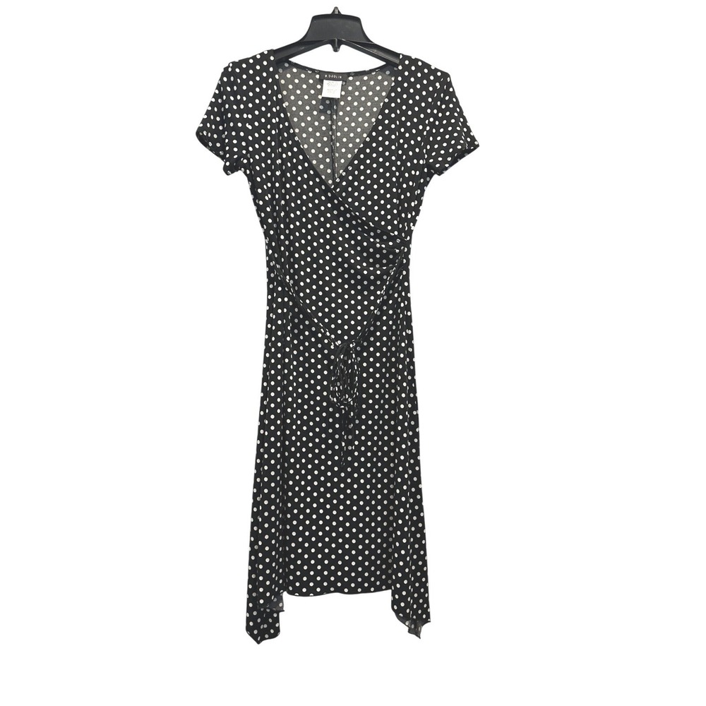 Y2K B Darlin Black White Polka Dot Wrap Midi Dress Short Sleeve Women 7/8